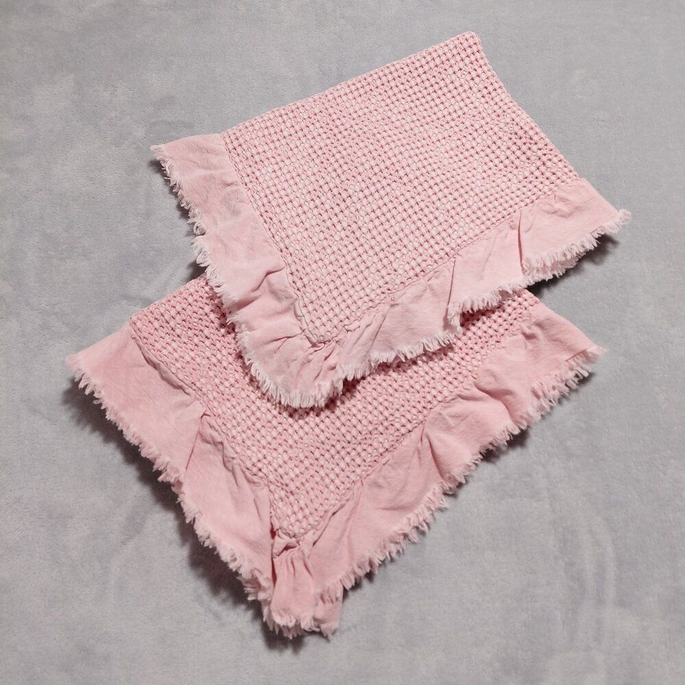 Pair Shabby Chic Standard Shams Pink 100% Cotton Waffle Raw Hem Ruffle